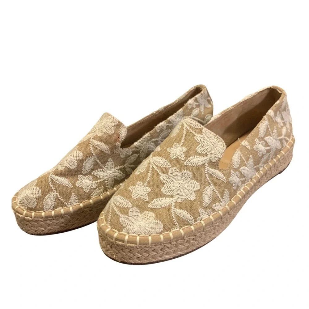Joie Cara-B Floral Embroidered Espadrille Loafers Tan‎ White Slip On Flats 8M